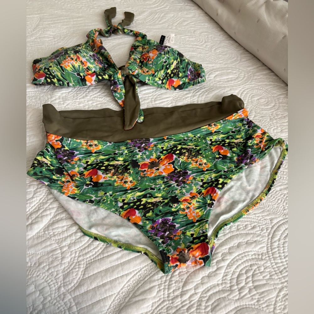 Green and Orange Tropical Bikini with High-Waisted Bottoms only removed tag
